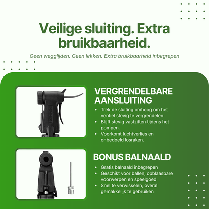 Close-up van de DriveMax fietspomp met vergrendelbare aansluiting en losse balnaaldaccessoire.