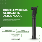 Zwarte DriveMax fietspomp in vooraanzicht op een groene promotieachtergrond.