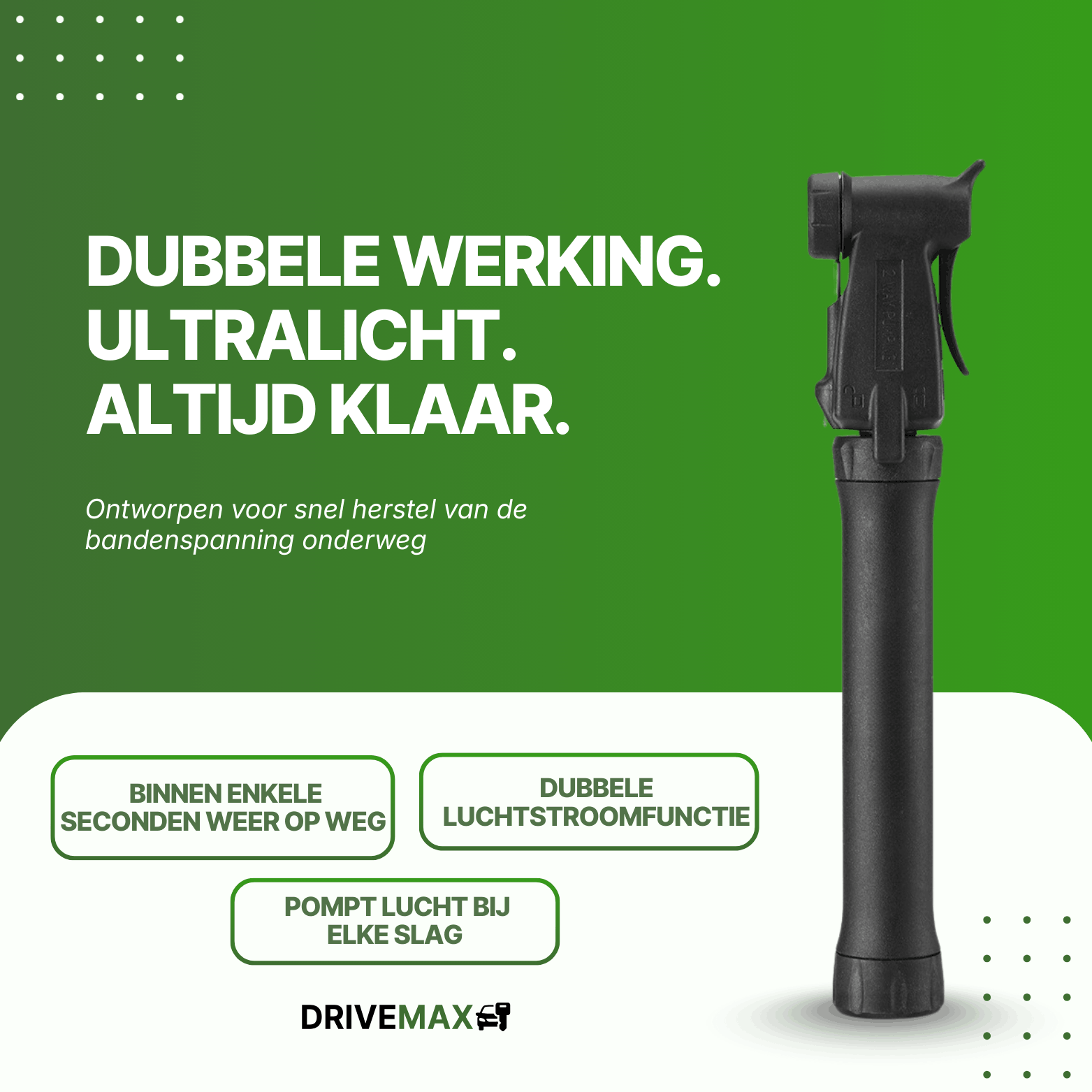 Zwarte DriveMax fietspomp in vooraanzicht op een groene promotieachtergrond.