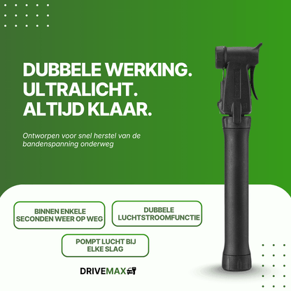 Zwarte DriveMax fietspomp in vooraanzicht op een groene promotieachtergrond.