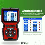 Rood-zwarte DriveMax OBD2 scanner met I/M Readiness schermweergave aan de voorzijde.