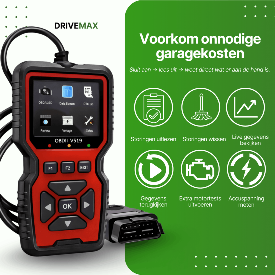 Rood-zwarte DriveMax OBD2 scanner V519 met scherm, knoppen en aangesloten OBD-stekker.