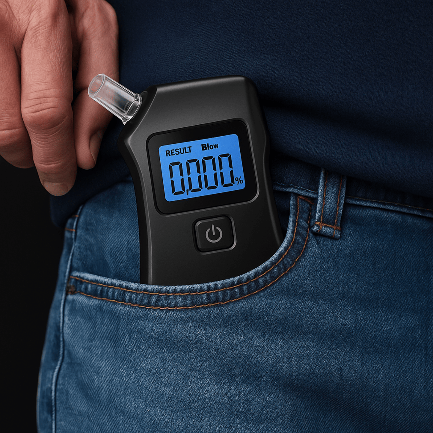 Compacte DriveSafe alcoholtester met blauw verlicht scherm, zichtbaar in een broekzak gestoken.