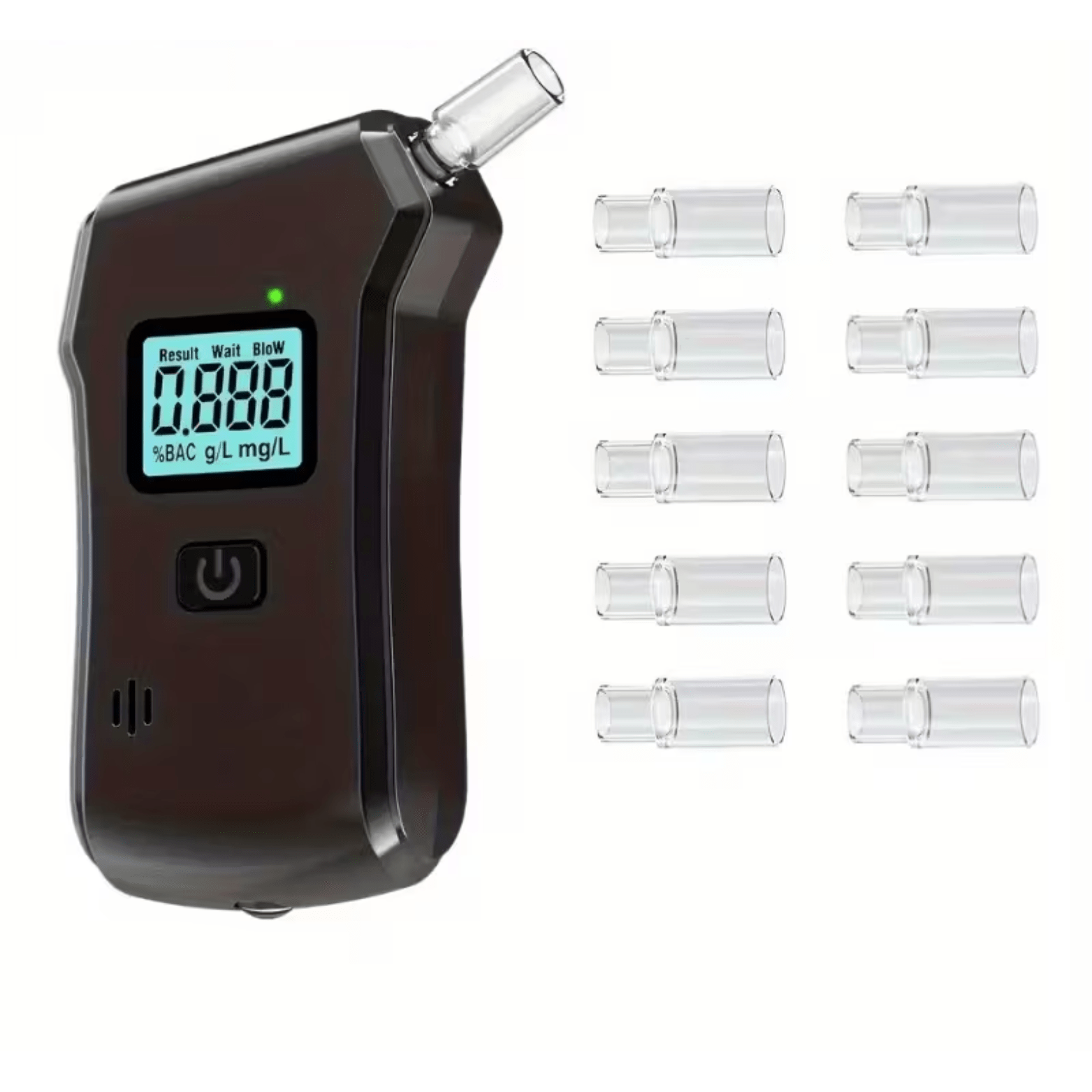 Zwarte DriveSafe alcoholtester met digitaal display en meerdere verwisselbare mondstukken.