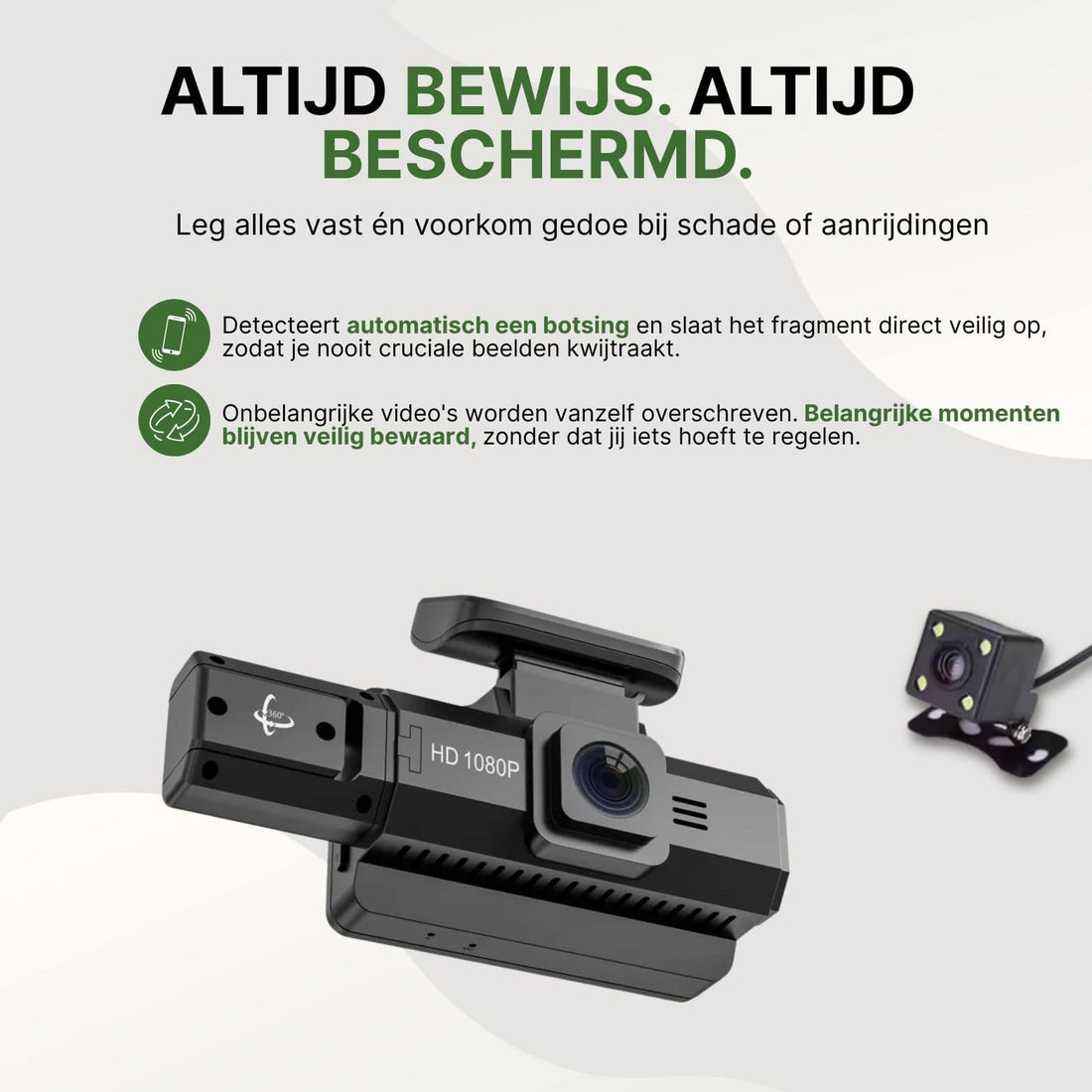 DriveVision dashcam met 1080p opname detecteert botsingen en slaat belangrijke beelden automatisch veilig op