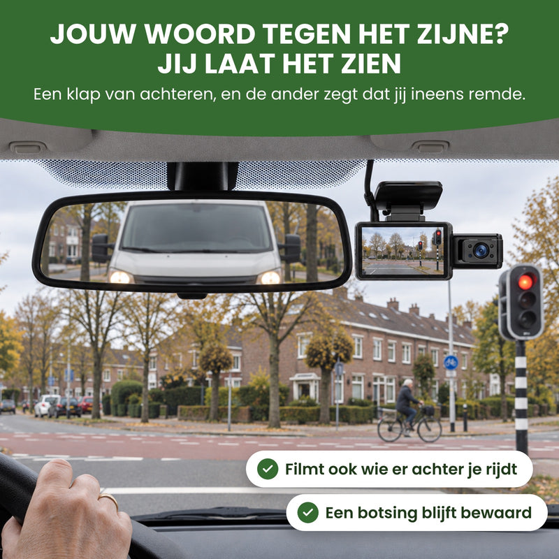 Wachten voor rood met een bestelbus dicht achter je in de spiegel, de DriveVision Pro hangt ernaast: jouw woord tegen het zijne? Jij laat het zien