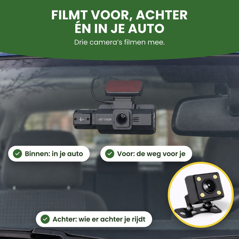 De DriveVision Pro achter de voorruit, van buiten gezien, met de losse achtercamera ernaast: hij filmt voor, achter én in je auto