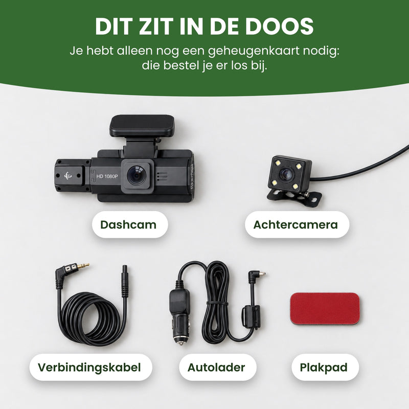 In de doos: de DriveVision Pro dashcam, de achtercamera, de verbindingskabel, de autolader en het plakpad. De geheugenkaart bestel je er los bij