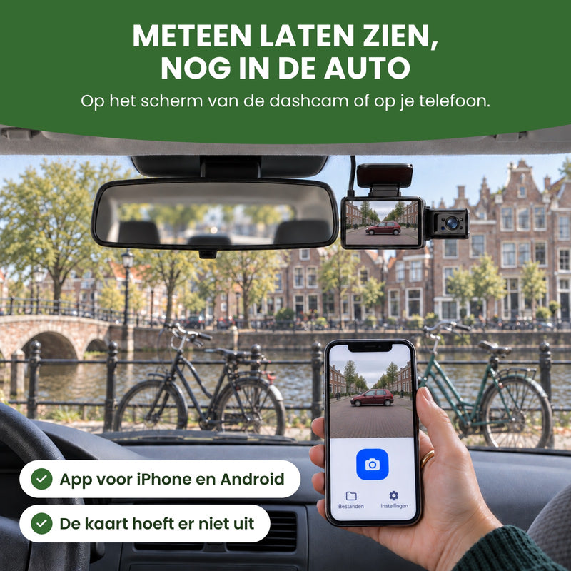 In een geparkeerde auto speelt de DriveVision Pro een opname af en houdt een hand een telefoon met de app vast: meteen laten zien, nog in de auto