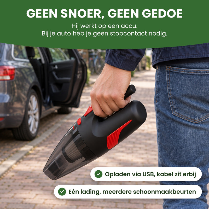 Man loopt met de zwarte Dustero in zijn hand naar zijn auto in een klinkerstraat: geen snoer, hij werkt op een accu