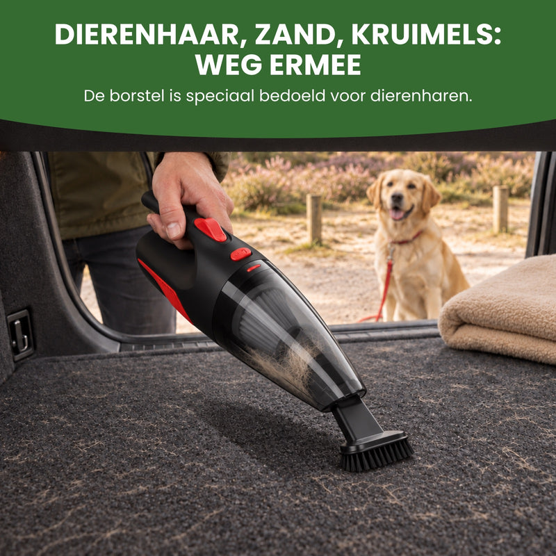 Zwarte Dustero met de borstel zuigt hondenharen uit de kofferbak, een blonde hond kijkt toe: dierenhaar, zand, kruimels, weg ermee