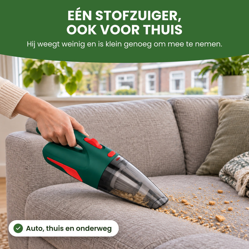 Hand zuigt met de groene Dustero kruimels van een grijze bank in de woonkamer: één stofzuiger, ook voor thuis