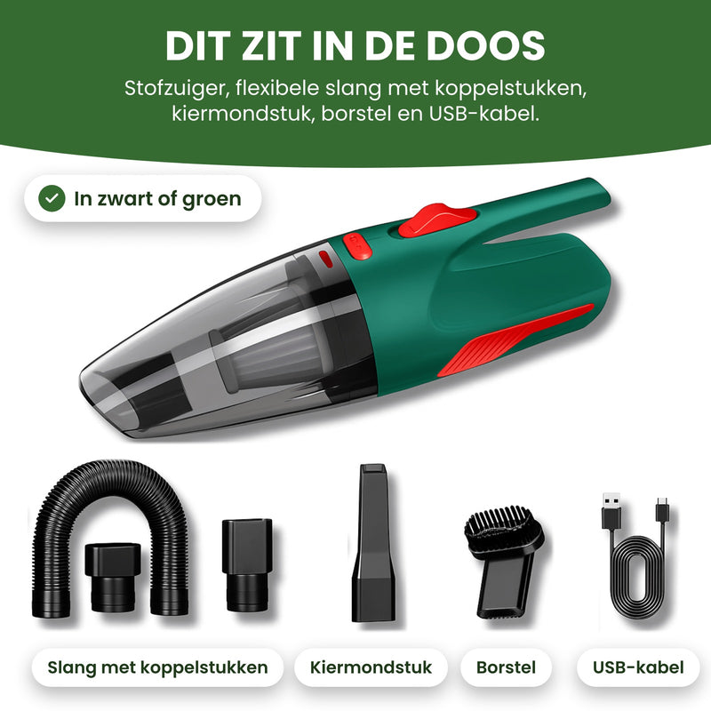 Groene Dustero met de slang met koppelstukken, het kiermondstuk, de borstel en de USB-kabel, elk met de naam erbij: dit zit in de doos