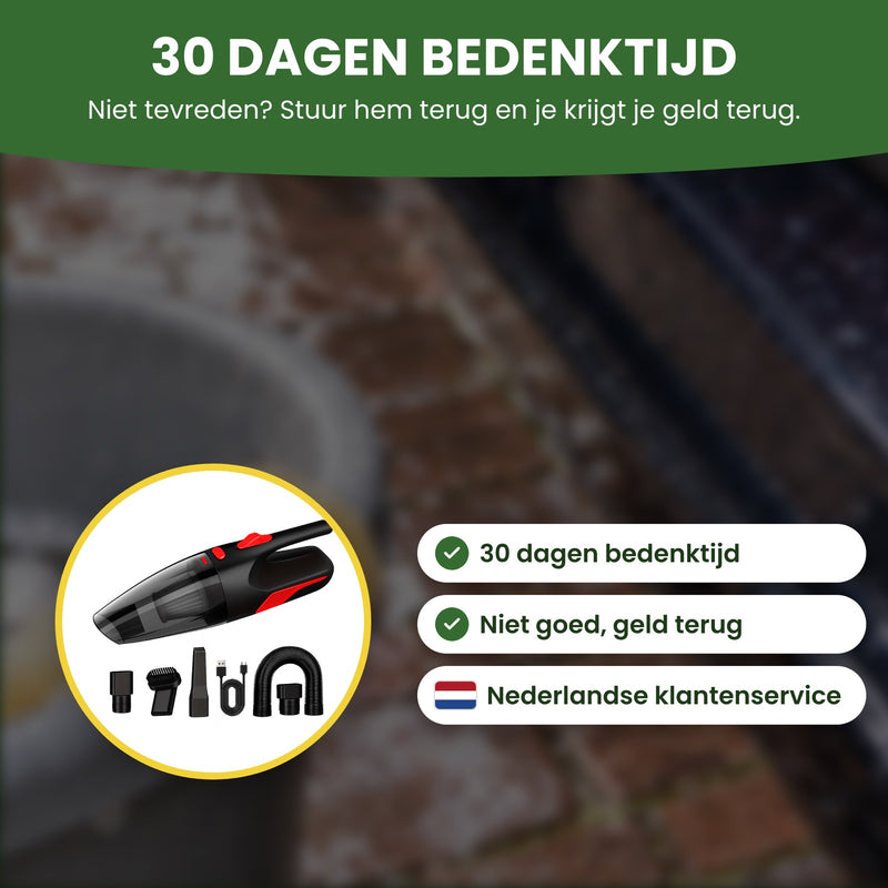 Zwarte Dustero met toebehoren in een cirkel, met 30 dagen bedenktijd, niet goed geld terug en Nederlandse klantenservice