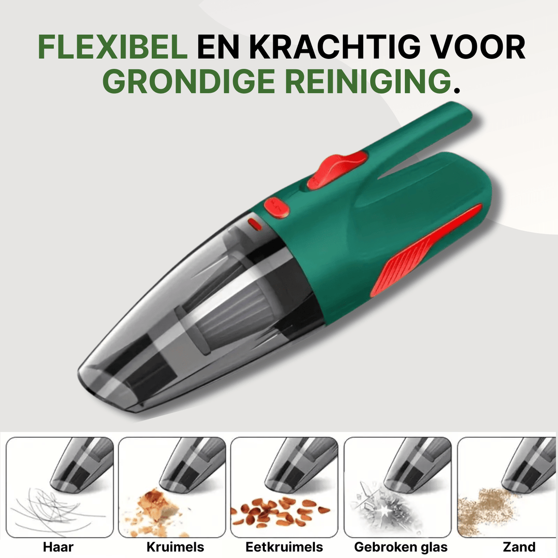 Groene draadloze autostofzuiger met rode accenten, geschikt voor haar, kruimels, glas en zand op lichte achtergrond.