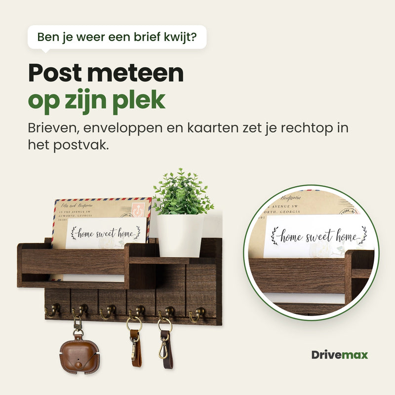 Het Entrova wandrek met een ronde uitvergroting van het postvak, waarin een envelop en een kaartje rechtop staan: post meteen op zijn plek