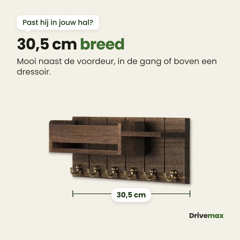 Het lege Entrova wandrek met een maatlijn onder de achterplank: 30,5 cm breed, mooi naast de voordeur, in de gang of boven een dressoir