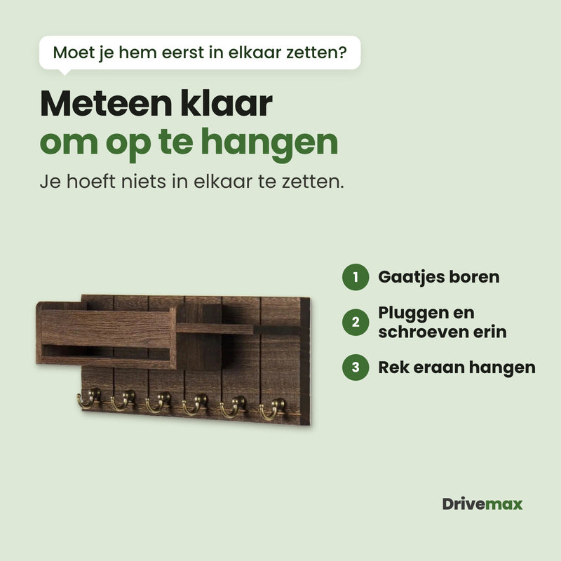 Het lege Entrova wandrek met drie stappen: gaatjes boren, pluggen en schroeven erin, en het rek eraan hangen; je hoeft niets in elkaar te zetten