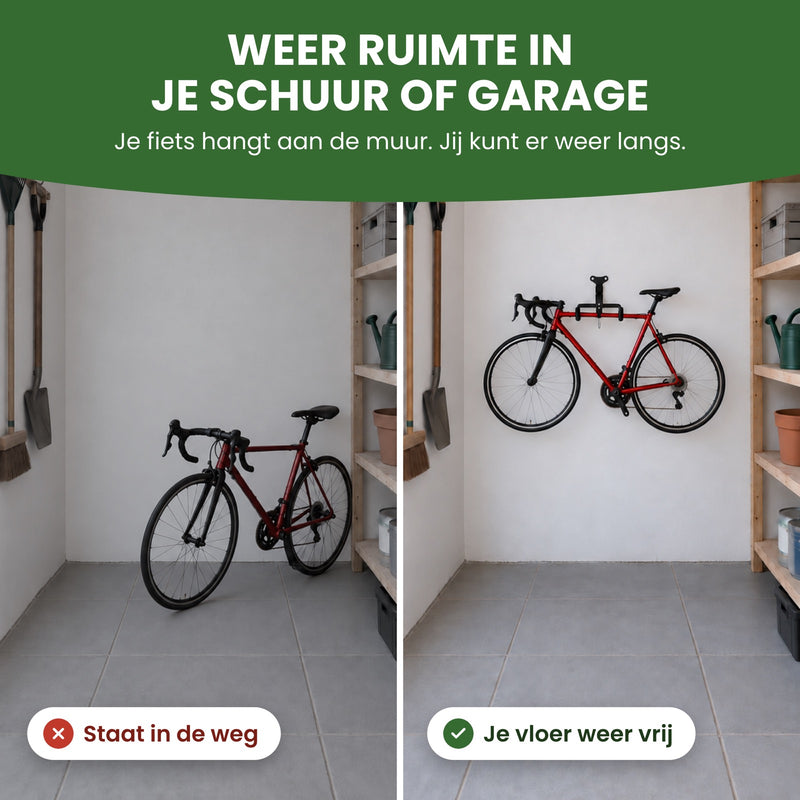 Links staat een racefiets in de weg in de schuur, rechts hangt hij aan de muur aan het fiets ophangsysteem: weer ruimte in je schuur of garage