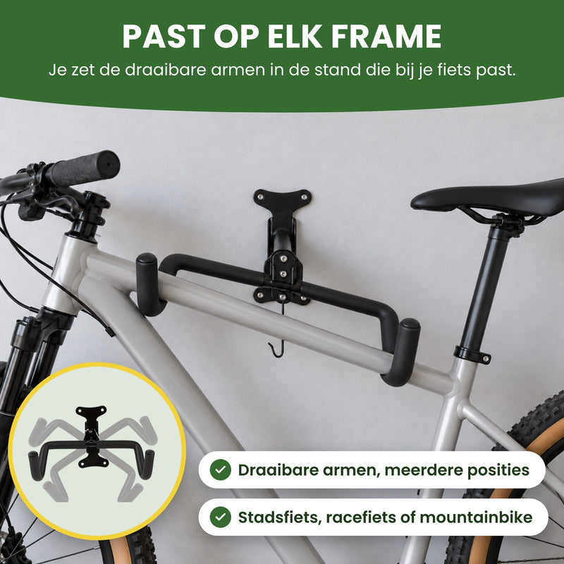 Mountainbike met aflopende bovenbuis in de schuin gezette haken van het fiets ophangsysteem: de draaibare armen passen op elk frame