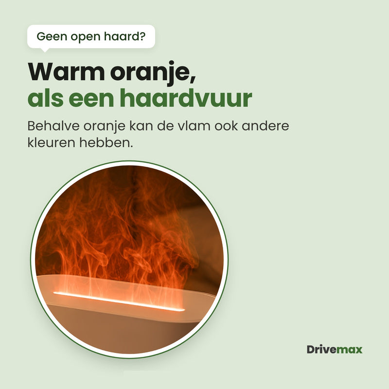 De vlam van de Flamora van dichtbij: warm oranje, als een haardvuur; behalve oranje kan de vlam ook andere kleuren hebben