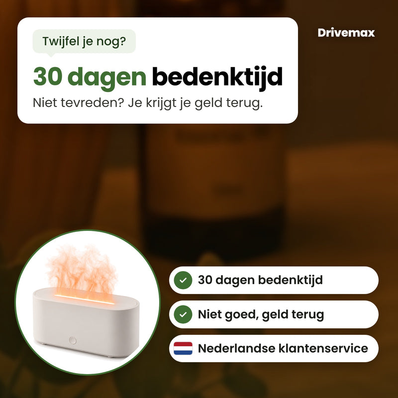 De Flamora in een cirkel met Nederlandse klantenservice: 30 dagen bedenktijd, niet tevreden dan krijg je je geld terug