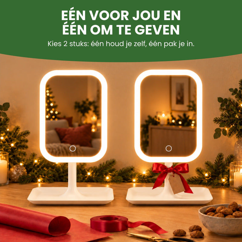 Twee Glamova make-up spiegels op tafel, één met een strik en een cadeaukaartje: één voor jou en één om te geven