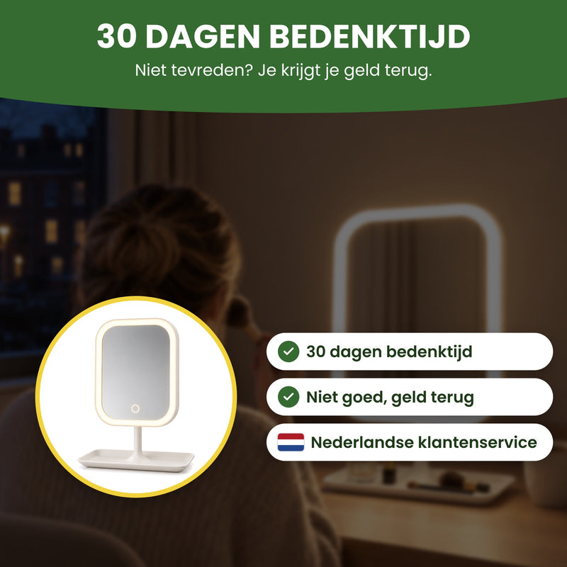 De Glamova make-up spiegel in een cirkel, met Nederlandse klantenservice: 30 dagen bedenktijd, niet goed geld terug