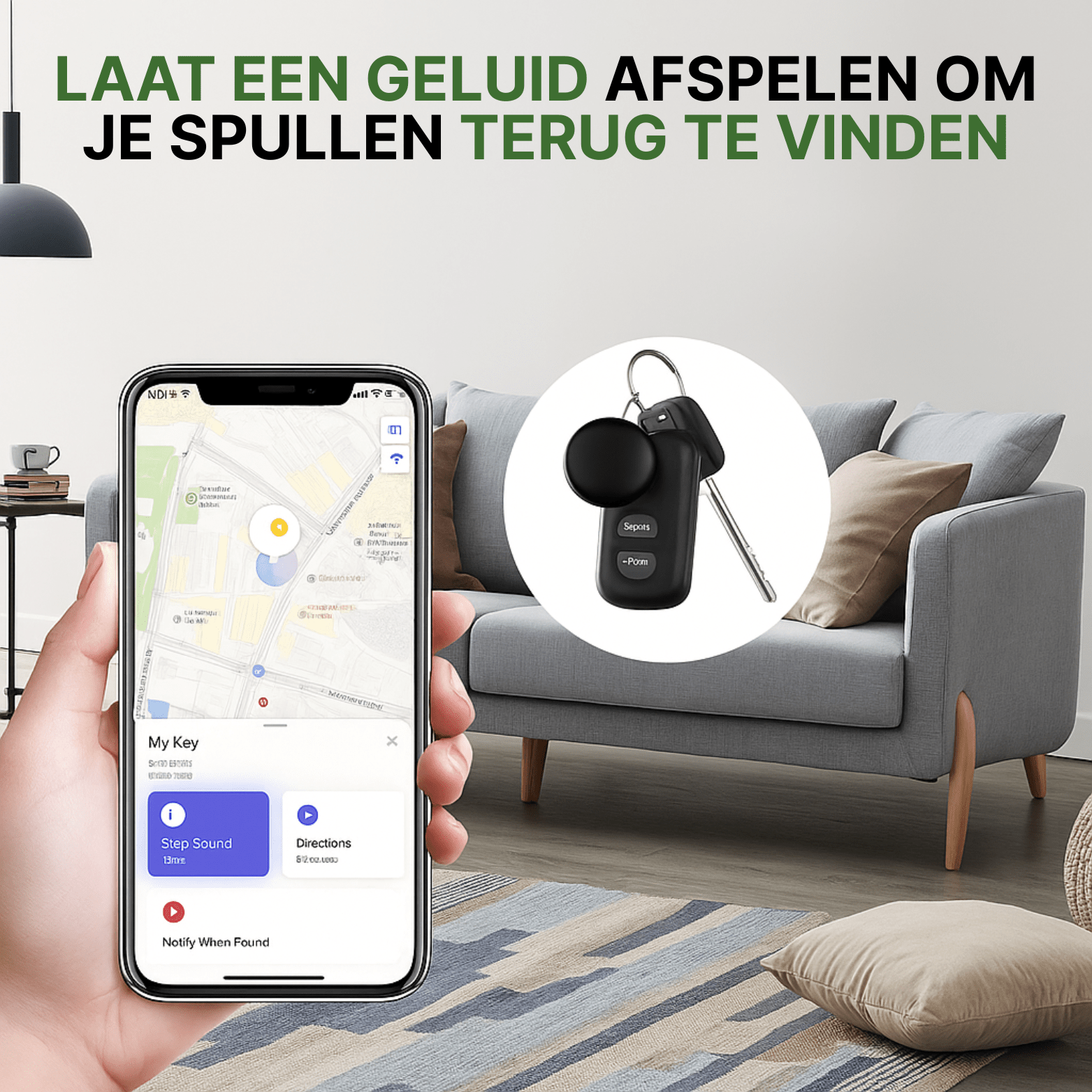 Zwarte GPS-tracker aan sleutelbos naast smartphone met locatie-app in een moderne woonkamer.