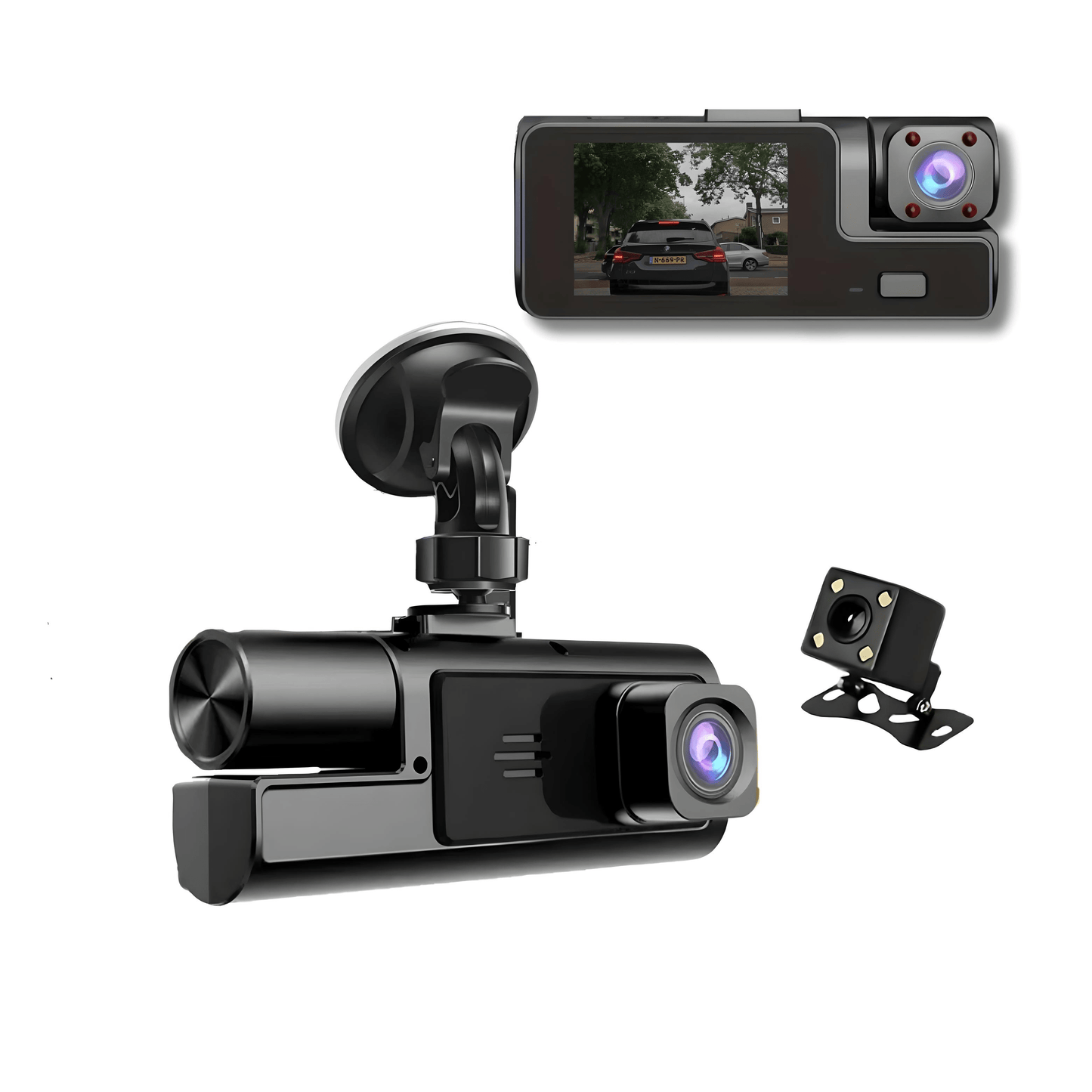 Guardian Pro dashcam met voor- en achtercamera, HD-display en zuignapbevestiging voor heldere opnames en eenvoudig gebruik in elke auto.