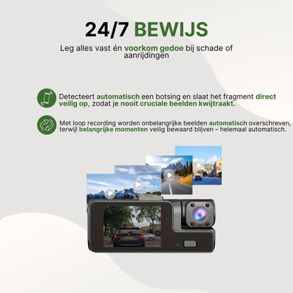 Guardian Pro dashcam met automatische botsingsdetectie en loop recording, die belangrijke beelden veilig opslaat en onbelangrijke opnames automatisch overschrijft.