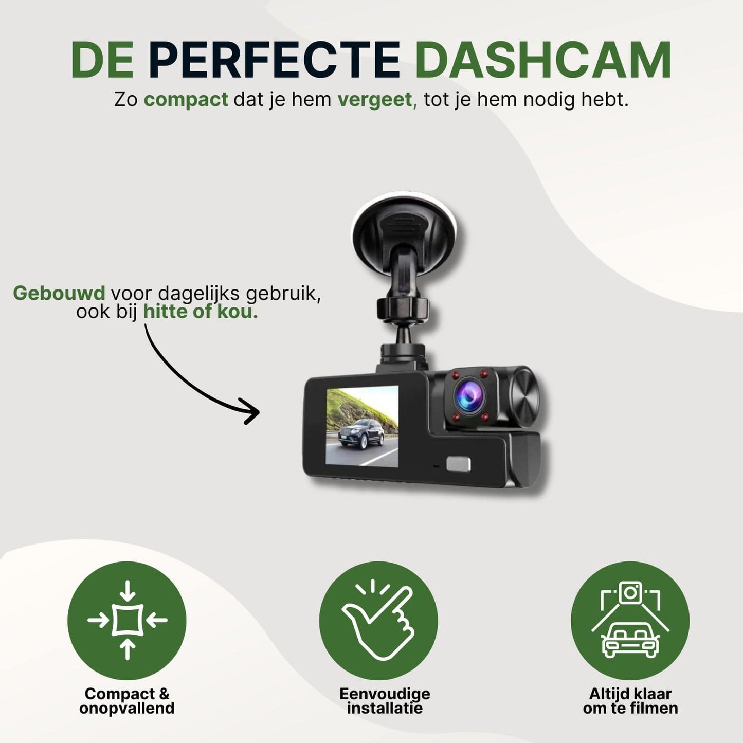 Compacte Guardian Pro dashcam voor dagelijks gebruik, eenvoudig te installeren en bestand tegen hitte en kou, altijd klaar om te filmen.