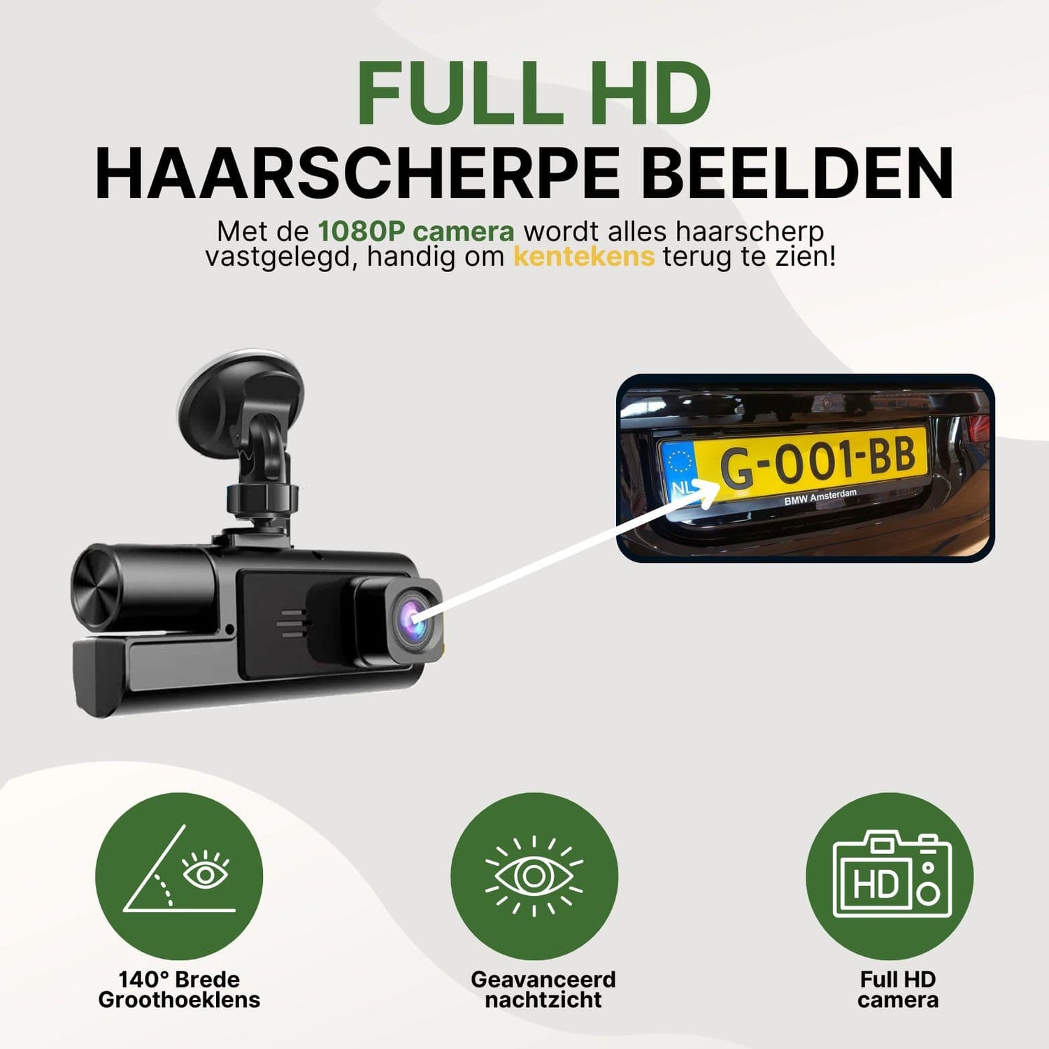 Guardian Pro dashcam met 1080P Full HD camera, 140° groothoeklens en nachtzicht, ideaal voor haarscherpe kentekenherkenning overdag en 's nachts.