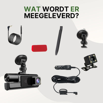 Inhoud verpakking van de Guardian Pro dashcam met zuignap, achtercamera, autolader, montagetool, kabels en bevestigingssticker voor eenvoudige installatie.