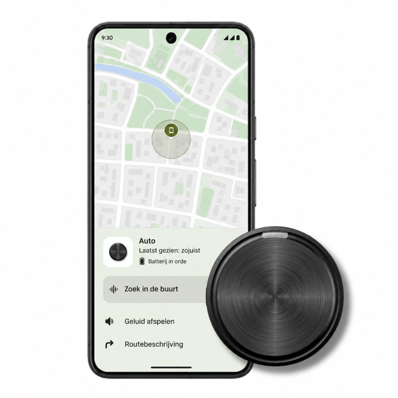 Ronde zwarte GuardianTag voor een telefoon met de app in het Nederlands: een kaart en de tracker Auto, laatst gezien zojuist. Tracker voor Android
