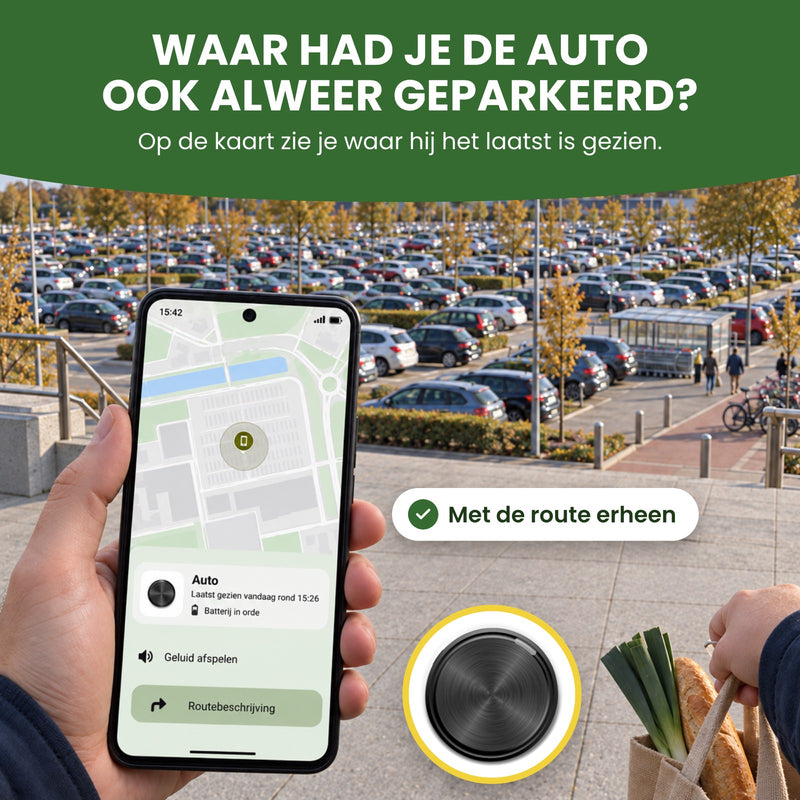 Vol parkeerterrein, een hand met een telefoon met de tracker Auto op de kaart en een boodschappentas: zie waar je auto het laatst is gezien