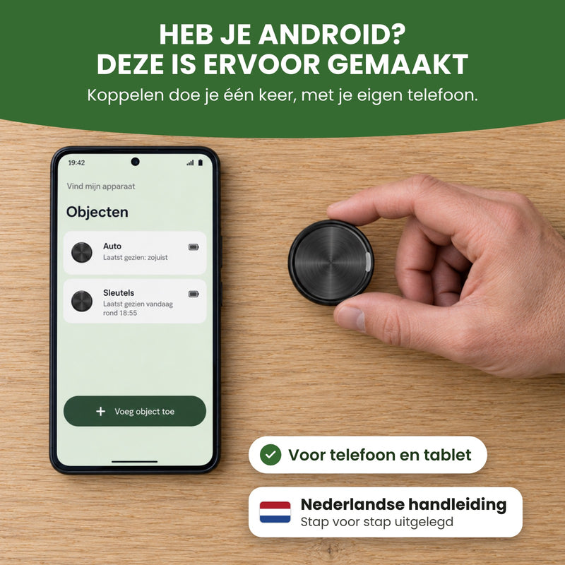 GuardianTag in een hand naast een Android-telefoon met de tracker in de app, label Nederlandse handleiding: heb je Android, deze is ervoor gemaakt