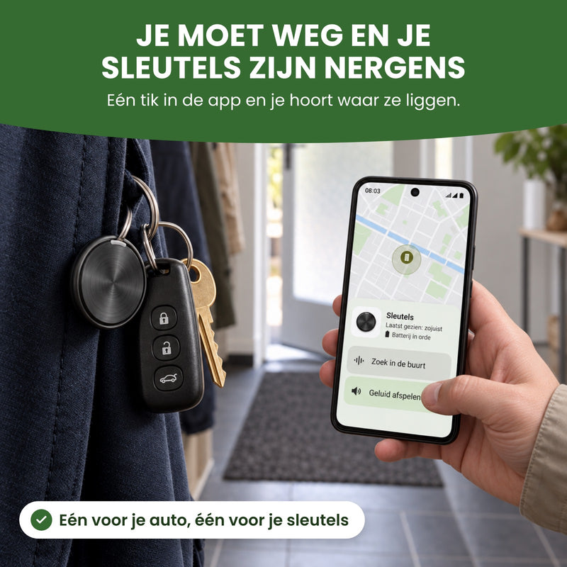 Sleutelbos met autosleutel en GuardianTag hangt uit een jaszak, telefoon met Geluid afspelen: je moet weg en je hoort waar je sleutels liggen