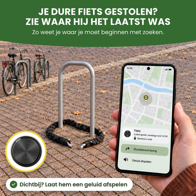 Lege fietsbeugel met een doorgeknipt slot op straat, een hand met een telefoon met Fiets op de kaart: fiets gestolen, zie waar hij het laatst was