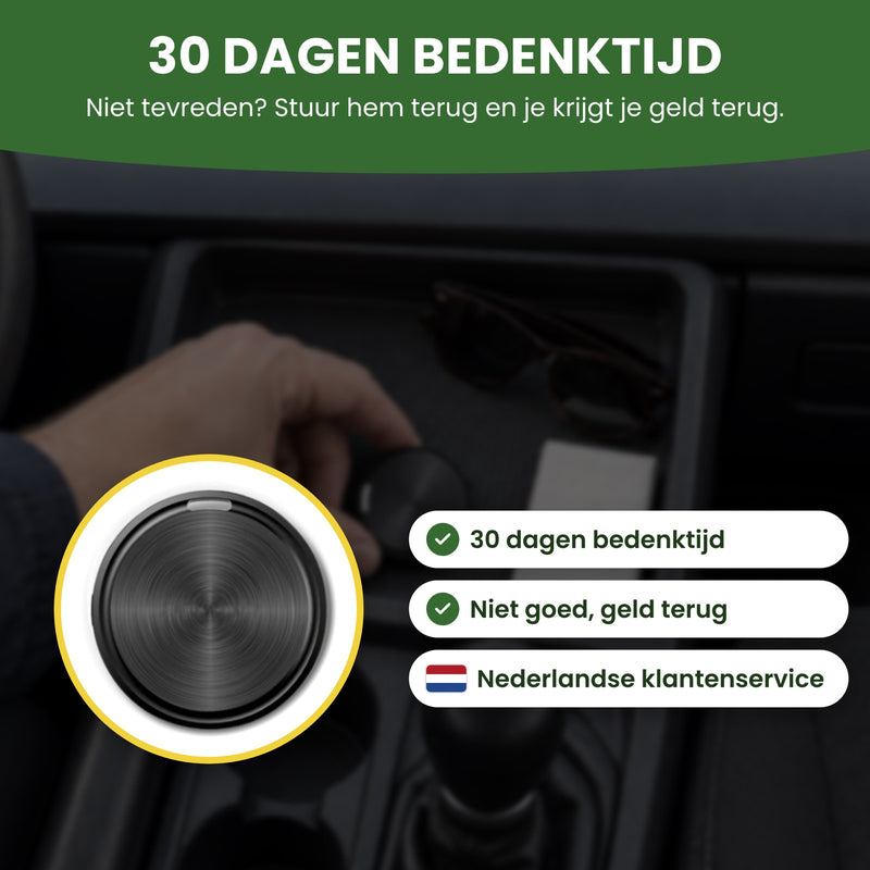 De ronde zwarte GuardianTag in een cirkel, met Nederlandse klantenservice: 30 dagen bedenktijd, niet goed geld terug