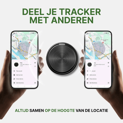 Twee smartphones tonen gedeelde locatie via zwarte GuardianTag GPS-tracker in kaartweergave.