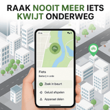 Smartphone toont fiets gelokaliseerd via GuardianTag GPS-tracker in een stadskaart met groen locatiepictogram.
