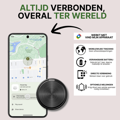 Zwarte GuardianTag GPS-tracker verbonden met Android-app, met functies zoals wereldwijde tracking en meldingen.