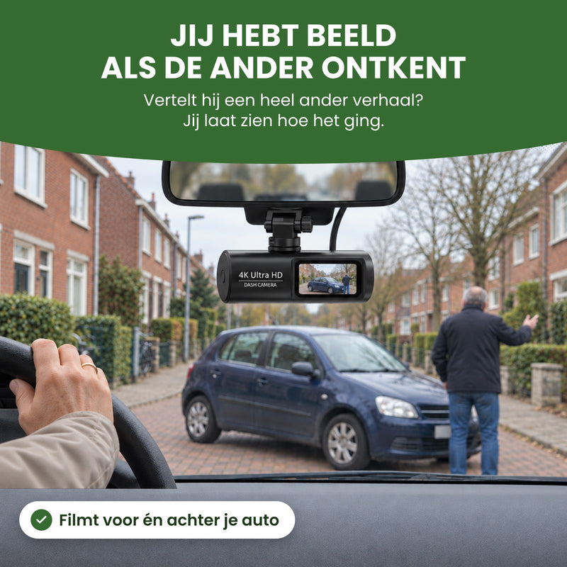 De GuardianView Pro dashcam onder de binnenspiegel toont de auto die na een aanrijding schuin voor je staat: jij hebt beeld als de ander ontkent