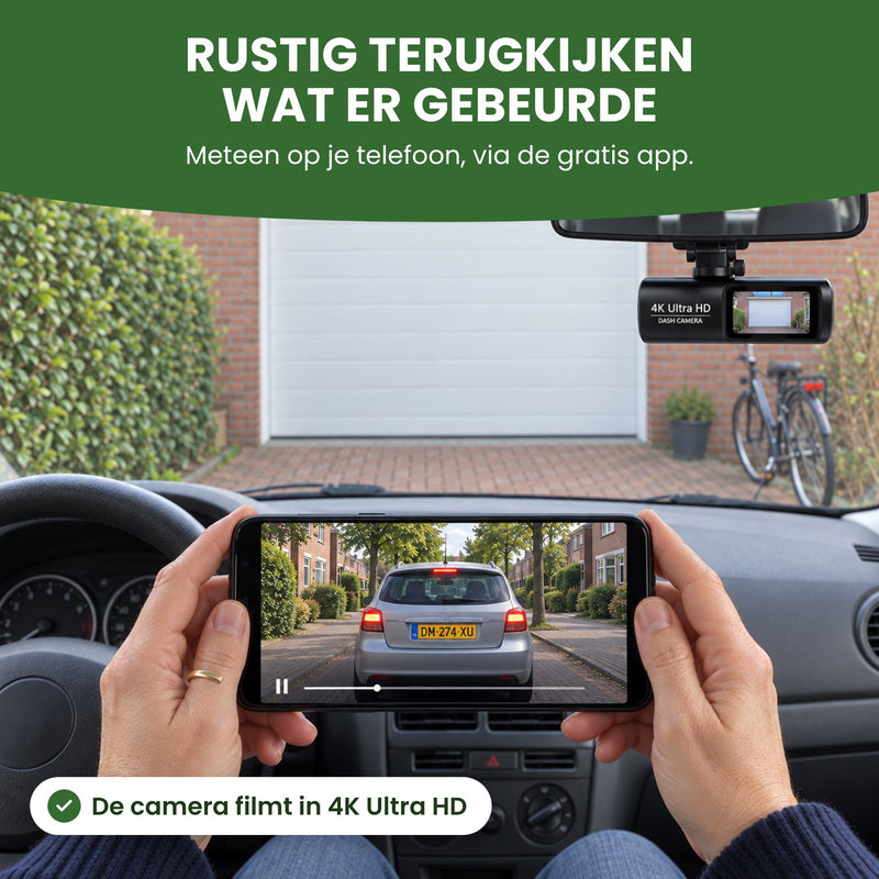 In een geparkeerde auto met de GuardianView Pro dashcam toont een telefoon een voorbeeld van een opname: rustig terugkijken wat er gebeurde