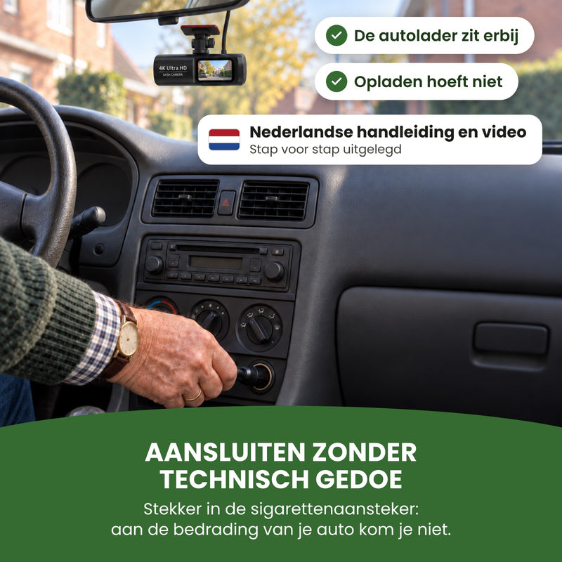 Een hand steekt de stekker van de GuardianView Pro dashcam in de sigarettenaansteker: zelf aansluiten, met Nederlandse handleiding en video