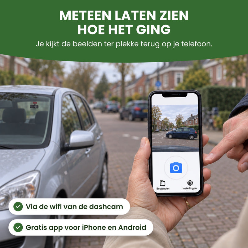 Naast de auto houdt iemand een telefoon met de app van de GuardianView Pro dashcam vast, een ander wijst ernaar: meteen laten zien hoe het ging