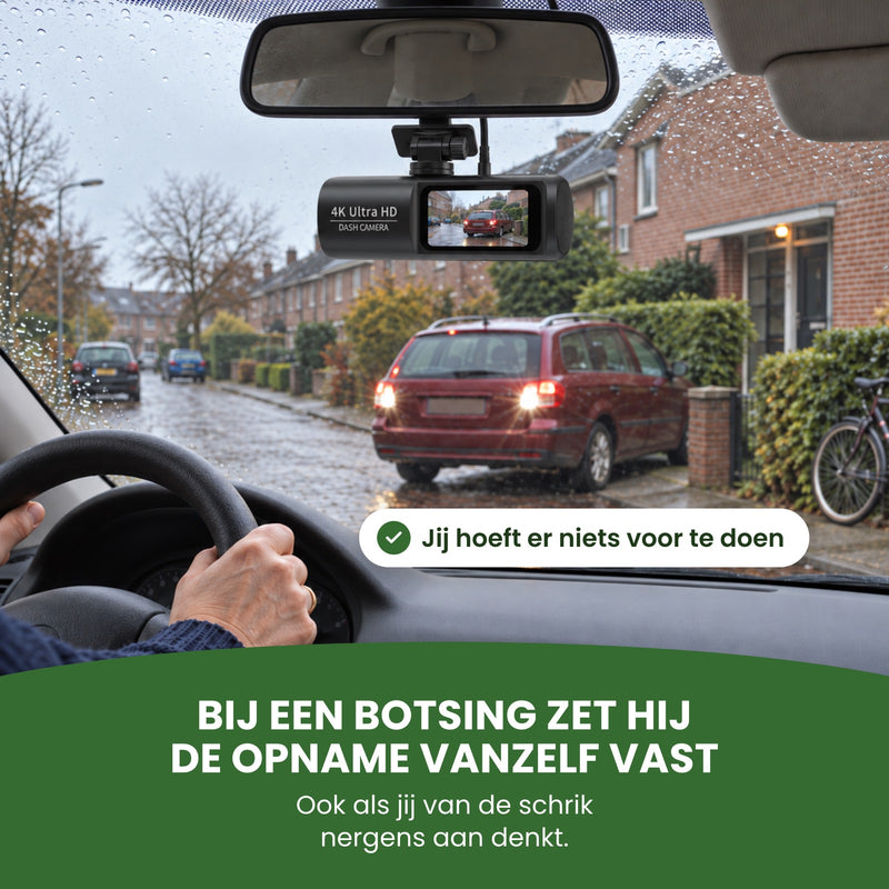 De GuardianView Pro dashcam onder de binnenspiegel, een auto rijdt vlak voor je achteruit de straat op: bij een botsing zet hij de opname vanzelf vast