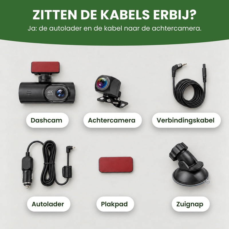 Wat erbij zit: de GuardianView Pro dashcam, achtercamera, verbindingskabel, autolader, plakpad en zuignap. De kabels zitten erbij