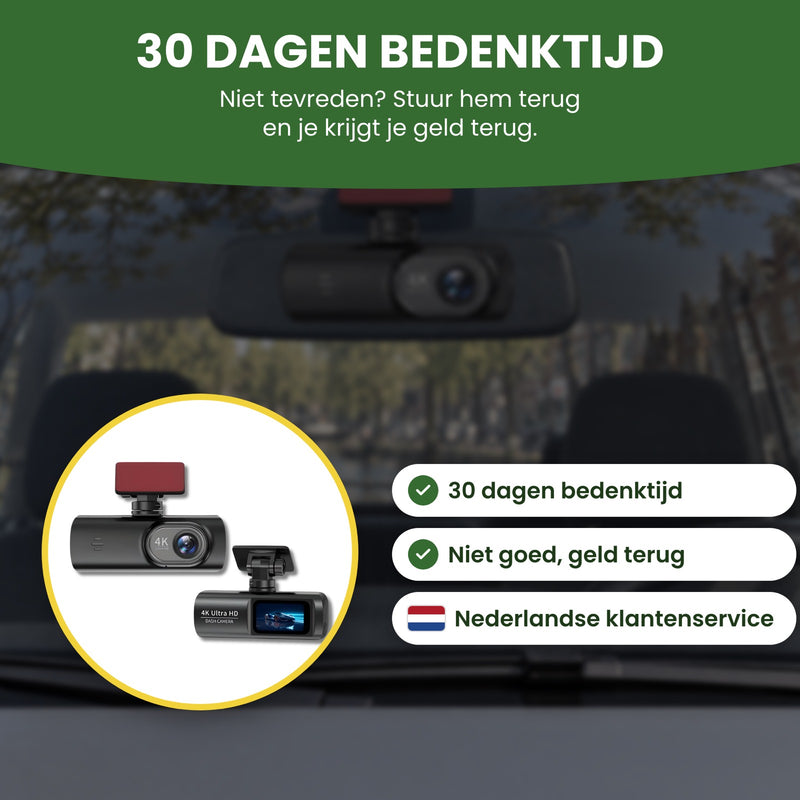 GuardianView Pro dashcam van twee kanten, met 30 dagen bedenktijd, niet goed geld terug en Nederlandse klantenservice